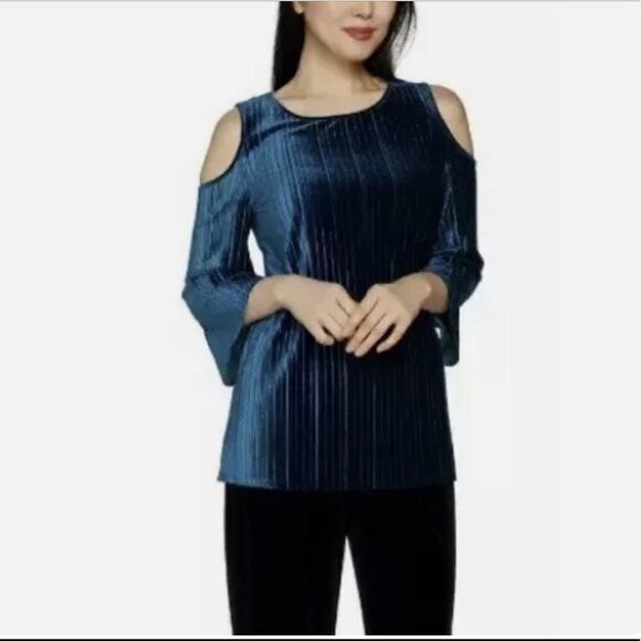 Dennis Basso Pleated Stretch Velvet Cold Shoulder - Picture 1 of 7